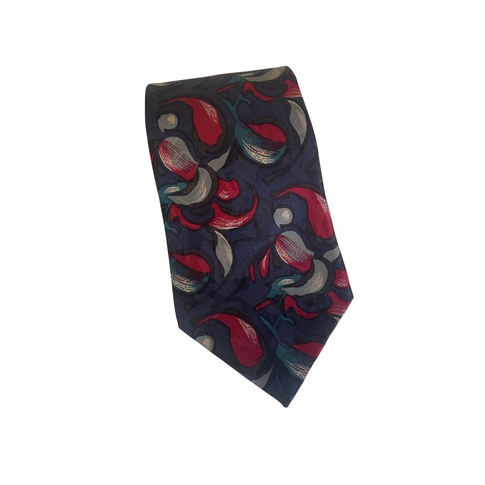 Vintage Geoffrey Beene Men’s 100% Silk Tie Navy Red Teal Abstract Print Necktie